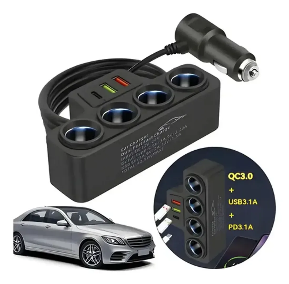 CIGARRERA CARGADOR PUERTOS USB-C CARRO ADAPTADOR ENCENDEDOR.webp